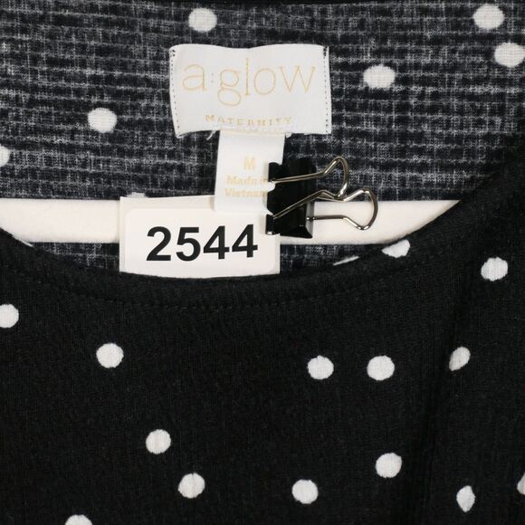 A Glow Black Polka Dot Maternity Blouse Medium Textured Top Ruched Front Back - Picture 9 of 9